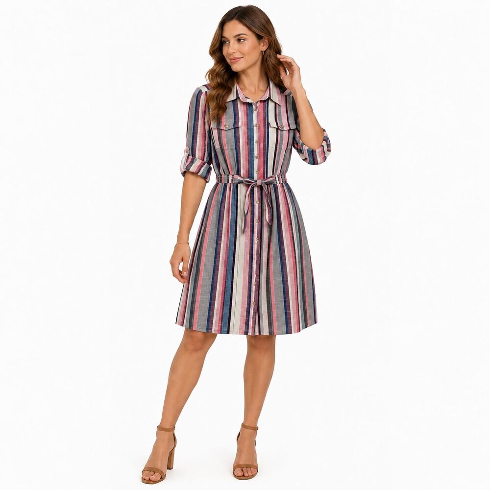 Millenium Striped Shirt Dress Medium 100% Cotton Roll Tab Tie Waist Button Front